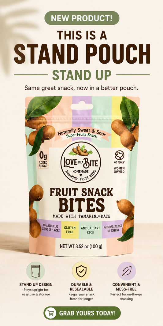 Fruit snack bites packaging with branding and product details on a white background
